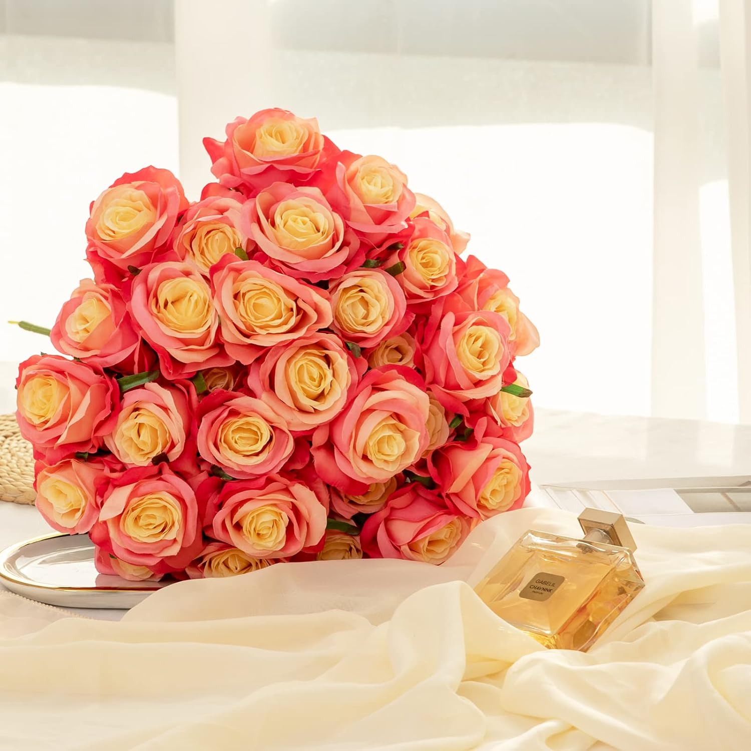 Hawesome 12PCS Artificial Silk Flowers Realistic Roses Bouquet Long Stem for Home Wedding Decoration Party (Yellow, 6 Flowers 6 Buds)