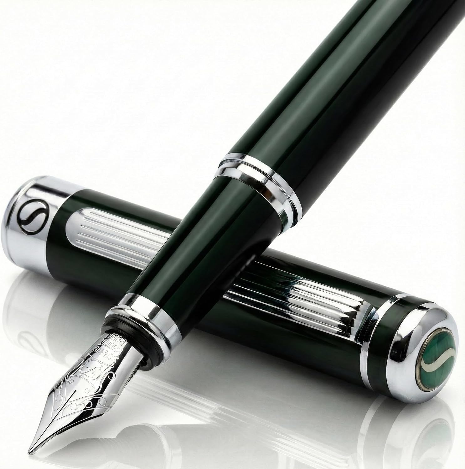 Scriveiner Silver Chrome Fountain Pen - Stunning Luxury Pen, Real Gold Finish Schmidt Gilded Nib (Medium), Best Pen Gift Set for Men & Women