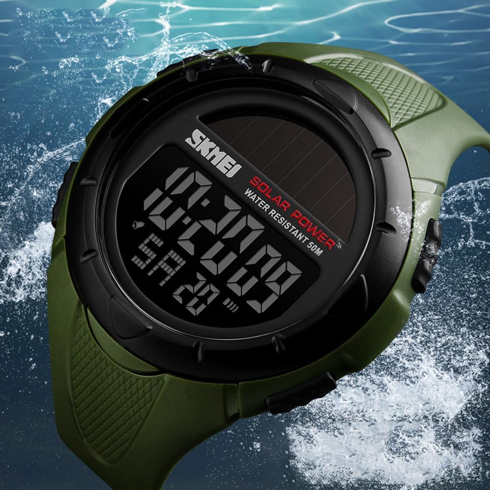MASTOP Solar Powered Energy Watch for Men Military Digital Multifunctional Led Luminous Indication 2 Time Zone 50m Waterproof Watch Reloj Solar para Hombre