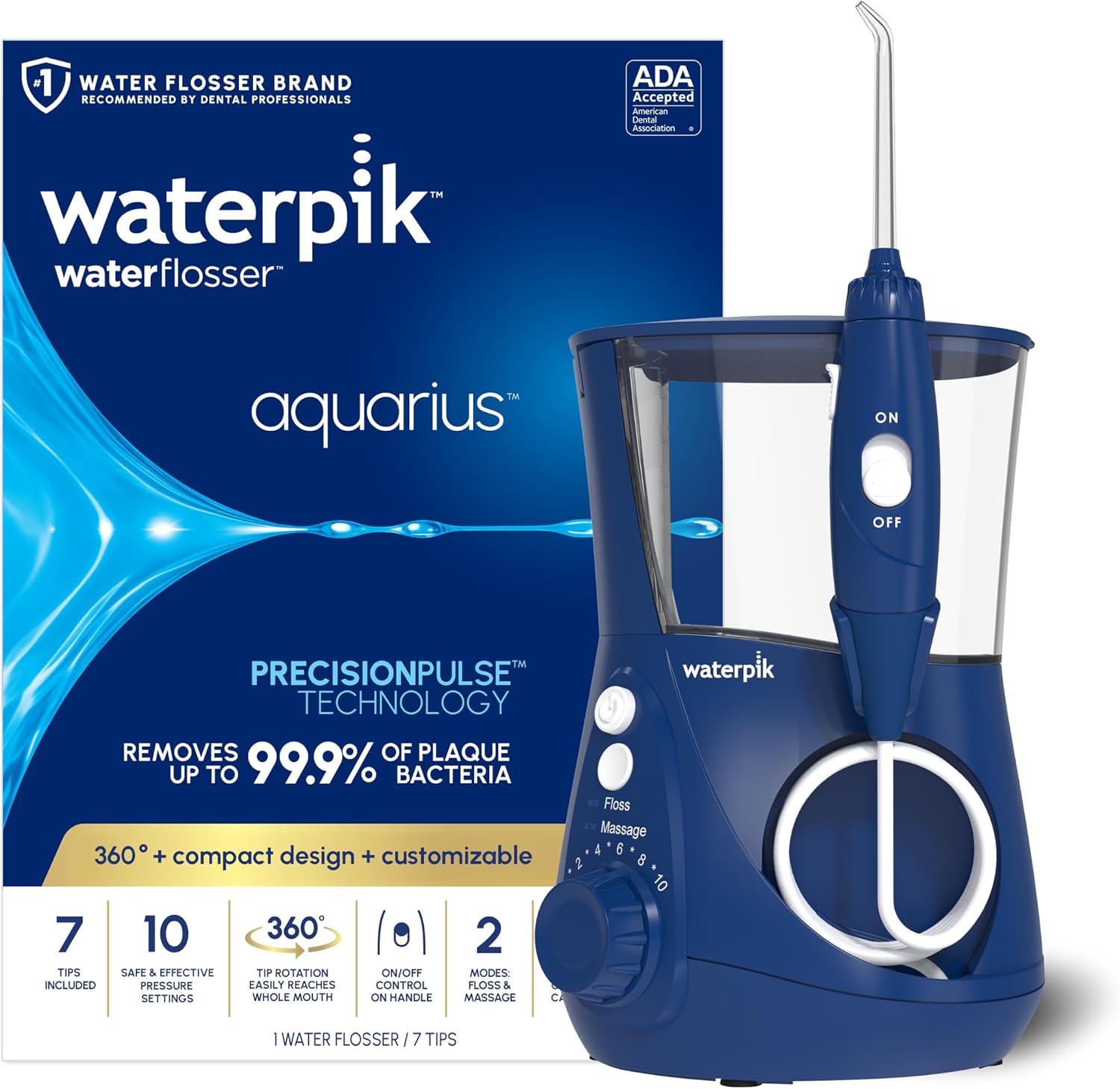 Waterpik Aquarius Countertop Water Flosser with 10 Settings, 7 Tips, White | For Daily Home Gum Health, Dental Braces, Implants, Teeth Cleaning, Multiple Users, ADA Accepted WP-660 Packaging May Vary