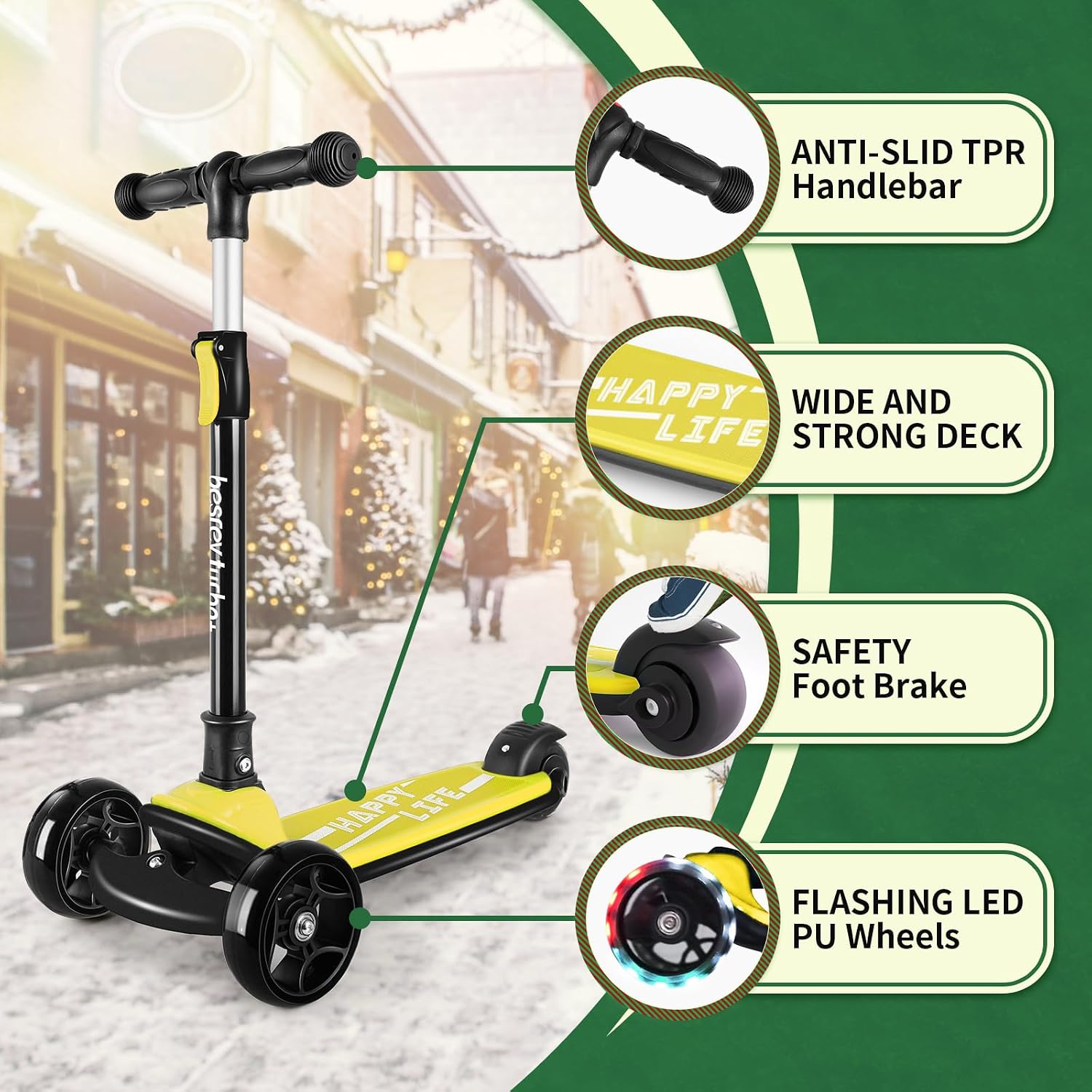 besrey 3 Wheel Scooter for Kids Ages 3-10 with 4 Adjustable Height