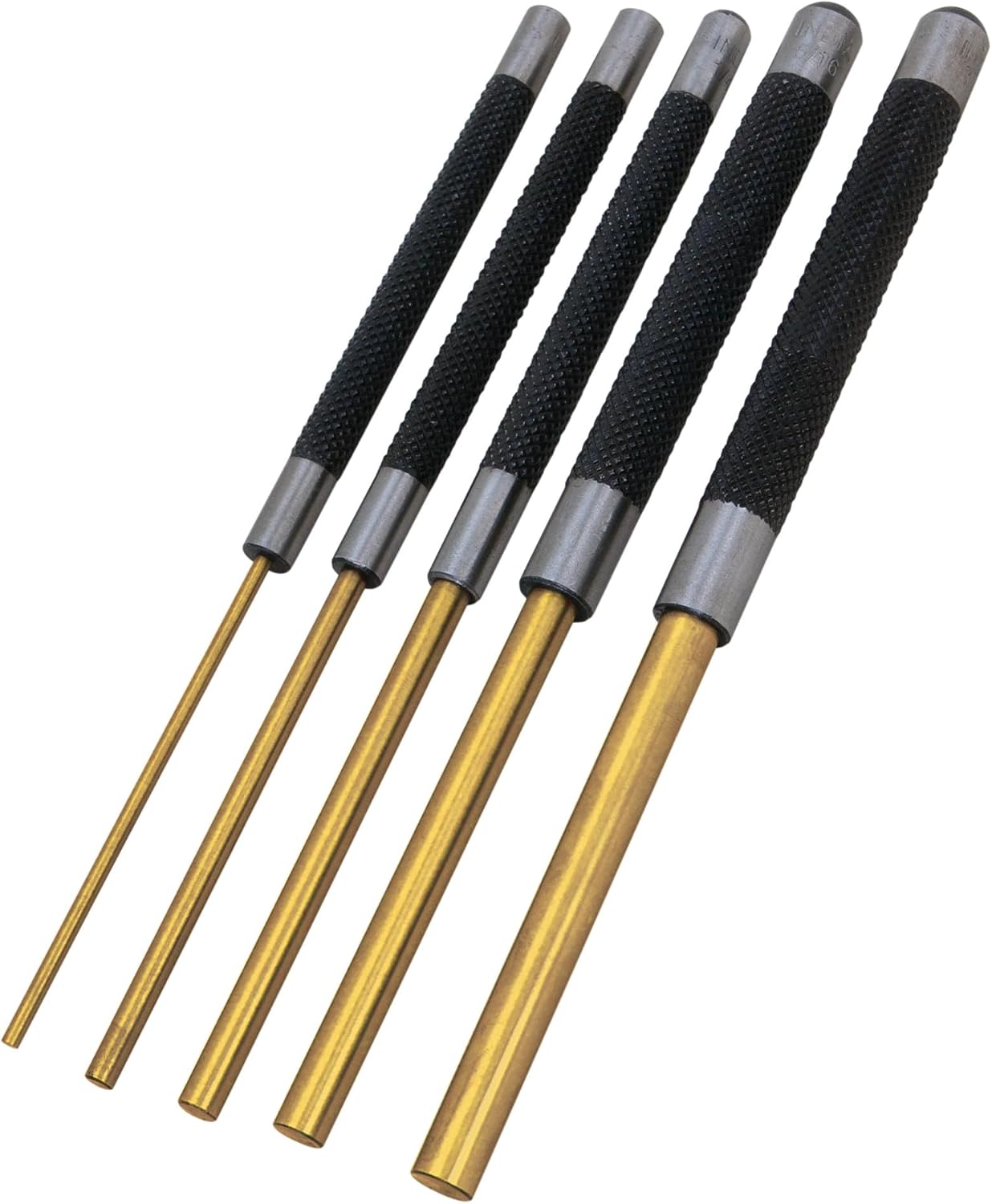 Performance Tool W759 5-Piece 8 in. Long Brass Pin Punch Set | Non-sparking soft metal striking heads. Knurled steel handles. Pin sizes from 1/8 to 3/8 inch