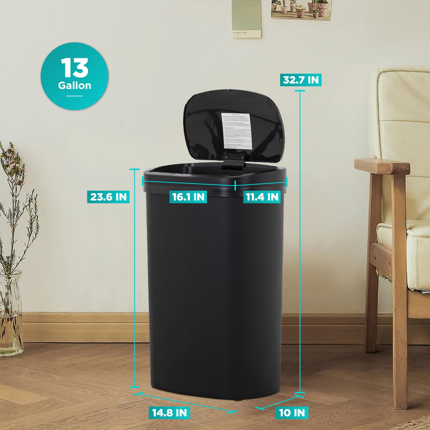 BestOffice | 13 Gallon Stainless Steel Trash Can with Lid | Steel | Automatic Touchless Garbage Can | Odor Control | Modern Oval Design | Easy to Clean | For Kitchen, Bathroom, Office or Home
