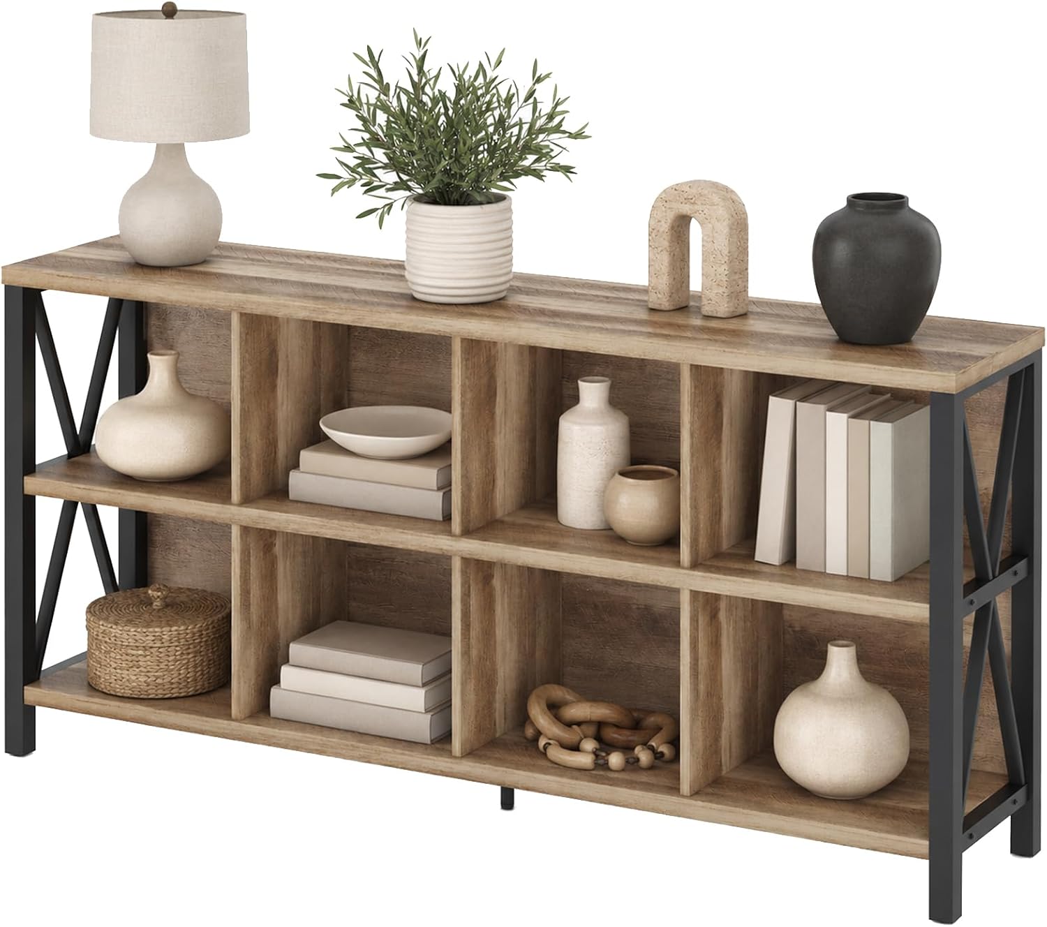FATORRI 8 Cube Storage Organizer Bookshelf, 62 Inch Wood Horizontal Bookcase, Farmhouse Cube Long Book Shelf