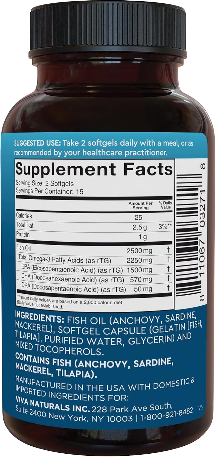 Viva Naturals Triple Strength Omega 3 Fish Oil Pills – 2500 mg High-Potency Formula with 2250 mg Omega 3 Fatty Acids (Including EPA, DHA, DPA) in rTG Form for Absorption – IFOS Certified, 90 Softgels