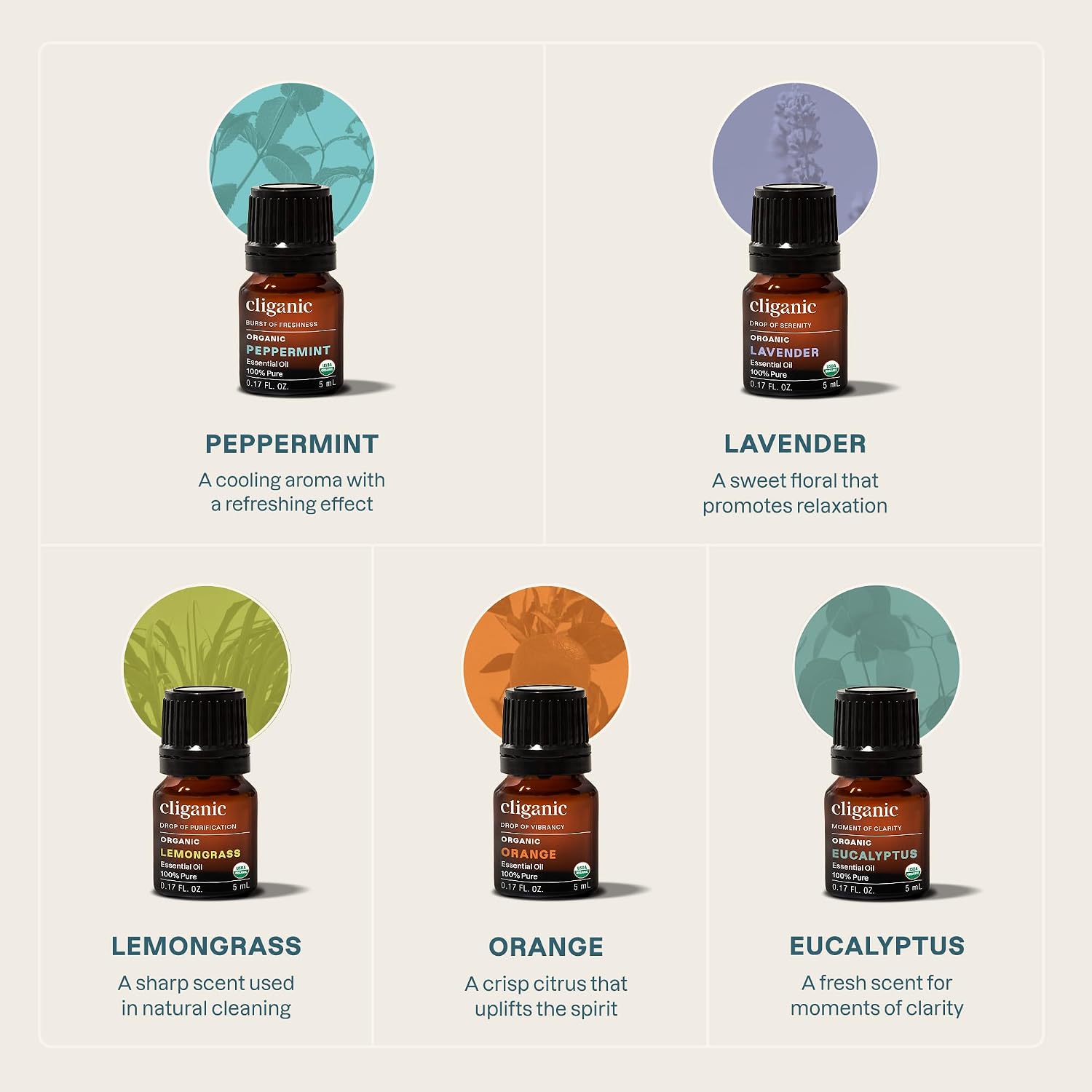 Cliganic Organic Essential Oils Set (Top 5 - The Classics) - 100% Pure Natural - Aromatherapy, Candle Making - Peppermint, Lavender, Eucalyptus