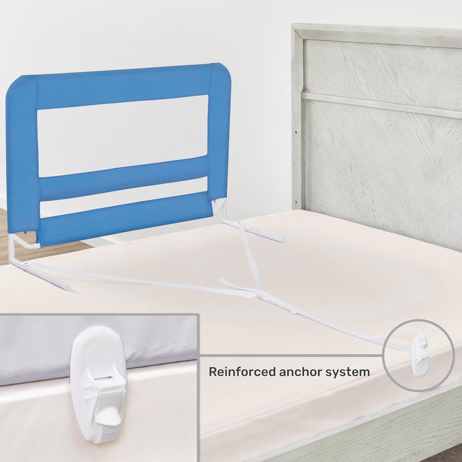 Dream On Me Mesh Security Bed Guard Rail for Toddlers 2–5 Years, Fits Twin–King Beds, Reinforced Anchor System, 2 Adjustable Heights, Blue