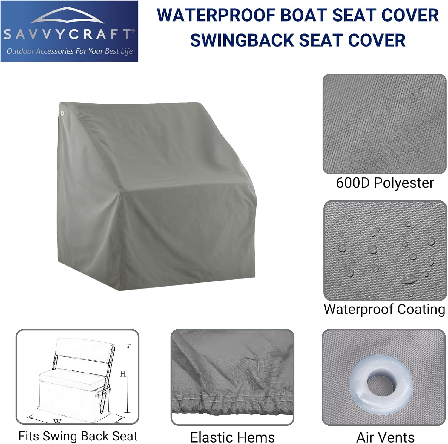 SavvyCraft Waterproof Pontoon Lounge Seat Cover Marine Grade 23"Dx60"Wx30"H