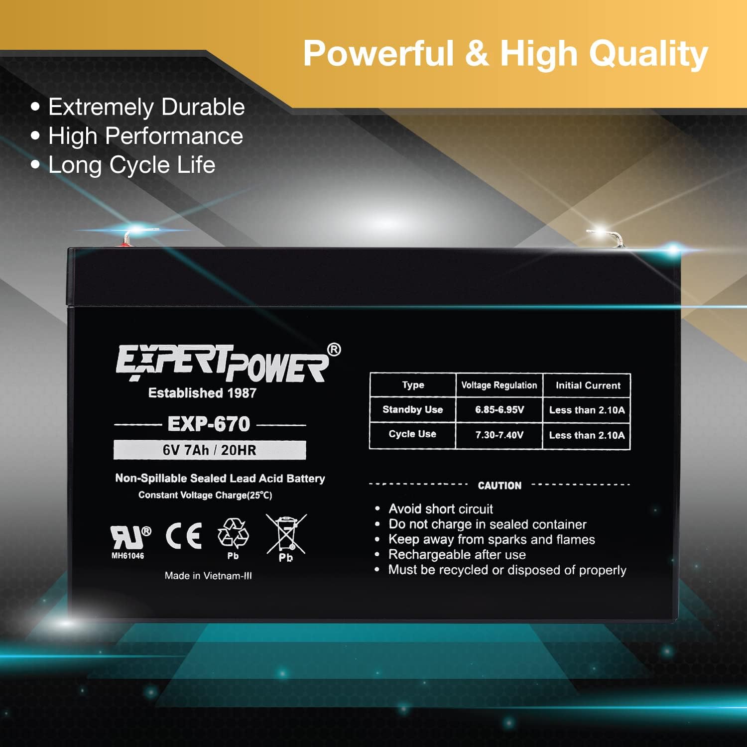 ExpertPower EXP670-6V 7Ah Rechargeable 6V Battery for Ride On Toys, Emergency Light, Replacement for PEA6V65F3, Enduring 3FM7, UB670 Sealed Lead Acid (SLA) 6 Volt Battery with F1 Terminal