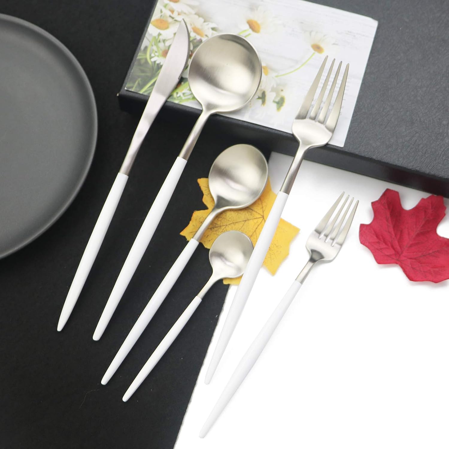 JASHII Luxury 18/10 Rainbow Flatware Set - 304 Stainless Steel Colorful Cutlery - 5-Piece Adaline Royal Modern Satin Finish for Birthday