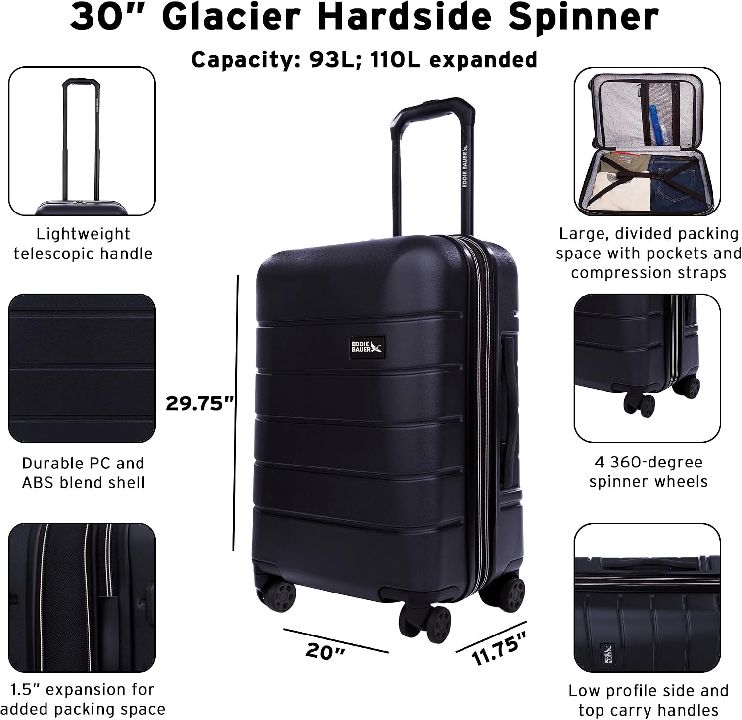Eddie Bauer Glacier Checked 30" Luggage | Hardside | Spinner Wheels | Expandable | Lightweight | Travel Essentials - Sprig Green