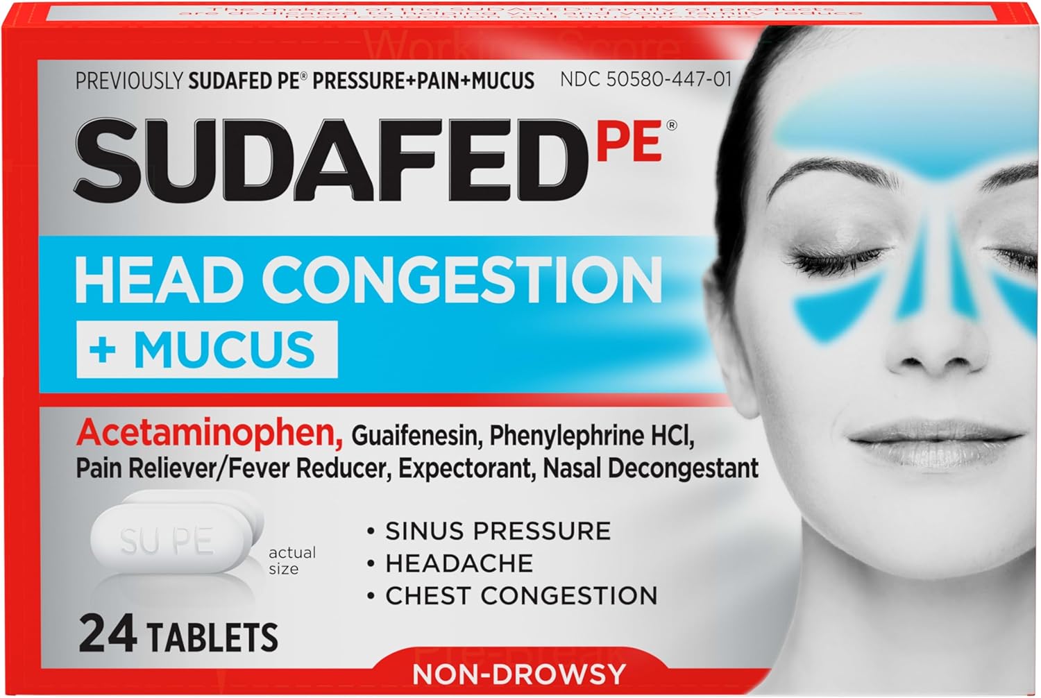 Sudafed PE Head Congestion + Mucus Relief Tablets, Non-Drowsy, 24 Ct | For Sinus Pressure, Congestion & Headache, Decongestant with Acetaminophen