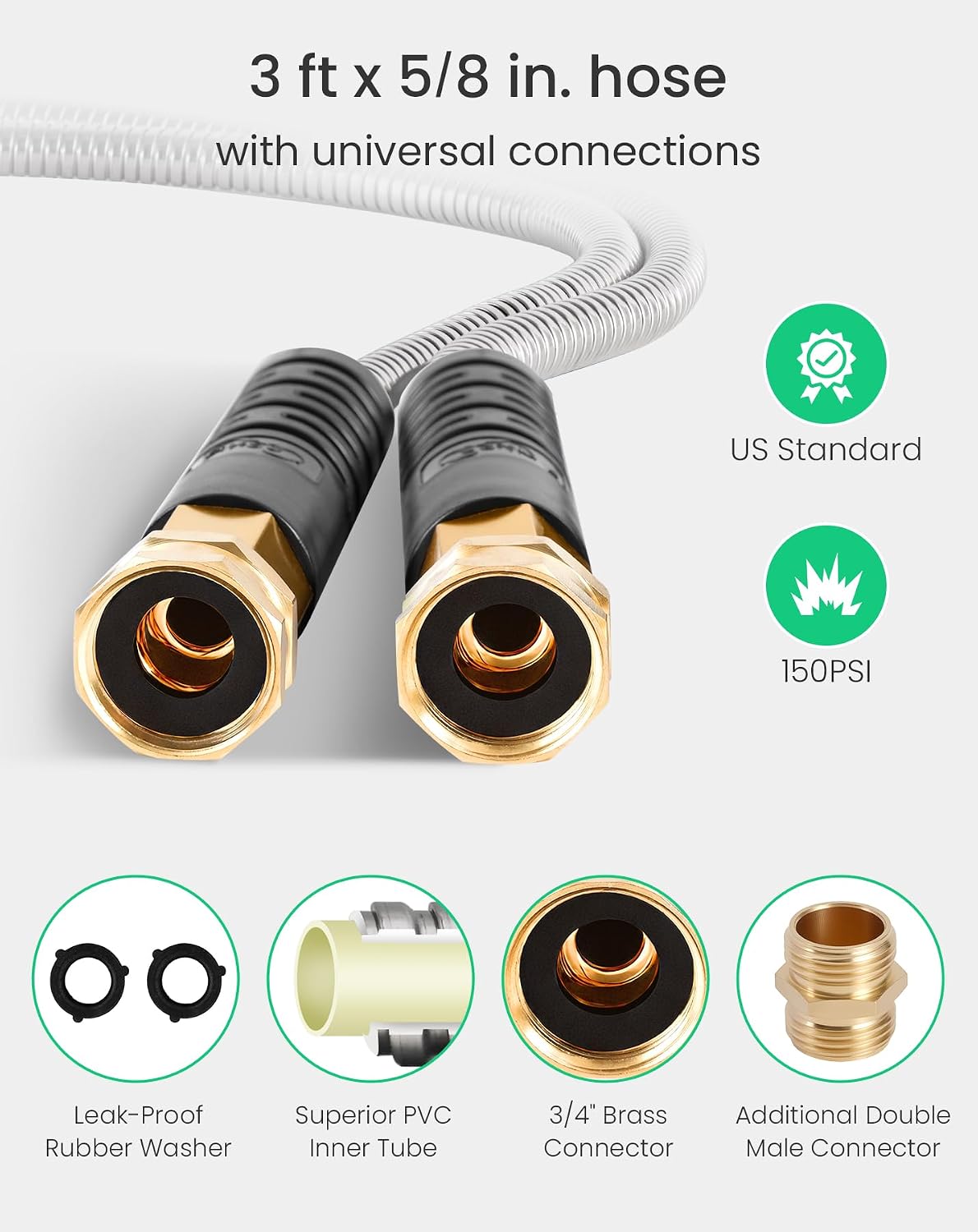 Cesun 100 ft Metal Garden Hose with 10 Function Nozzle, 100 foot x 5/8" | Heavy Duty Stainless Steel Water Hose, Kink-Free & Flexible, Lightweight, Durable, Leak Proof, Rust Proof for Yard/RV/Outdoor