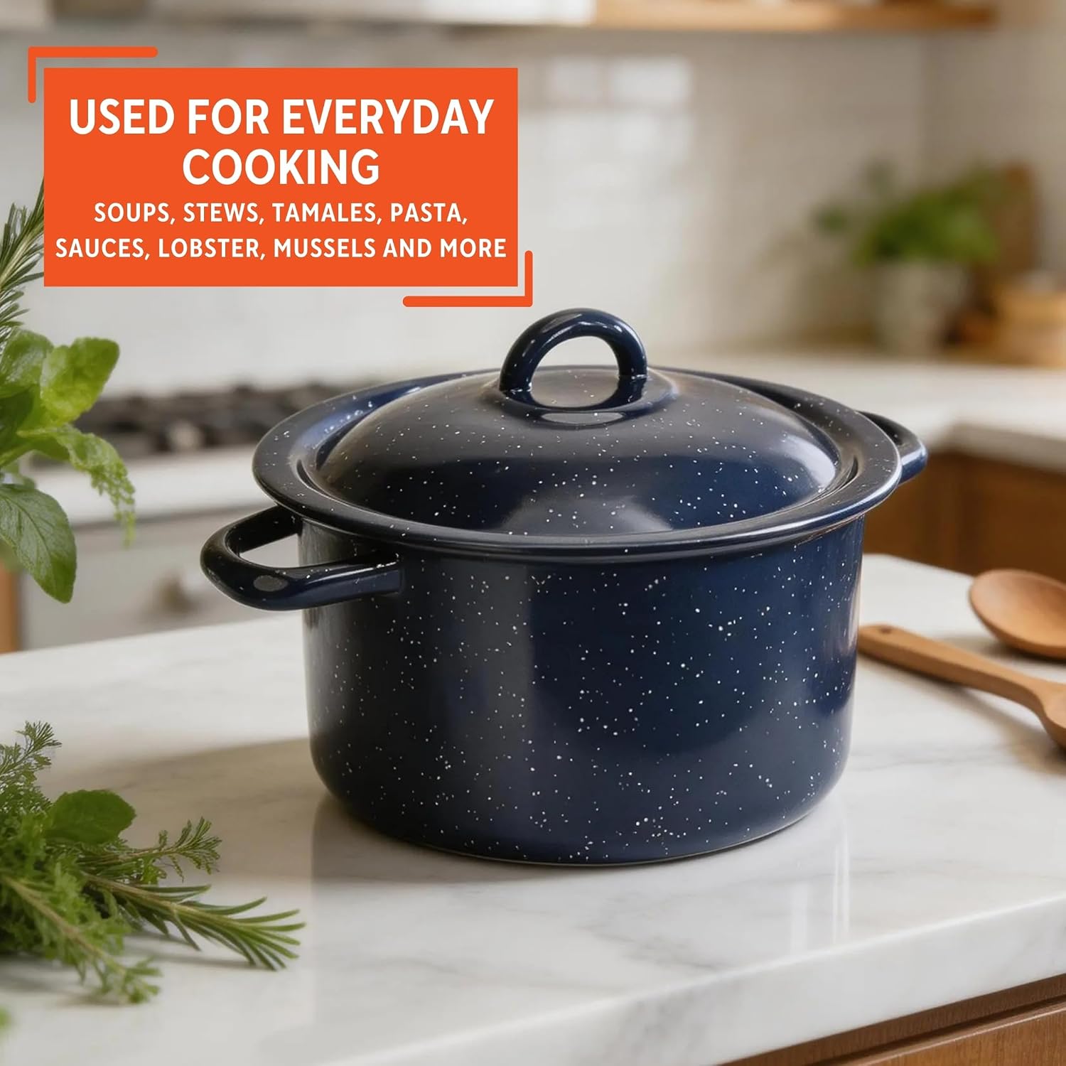 IMUSA USA C20666-1062810W Speckled Enamel Stock Pot with Lid, 4 Quart, Blue | Speckled Enamel Finish, Durable Steel Construction, Ideal for Soups and Stews, Great for Everyday Family Meals