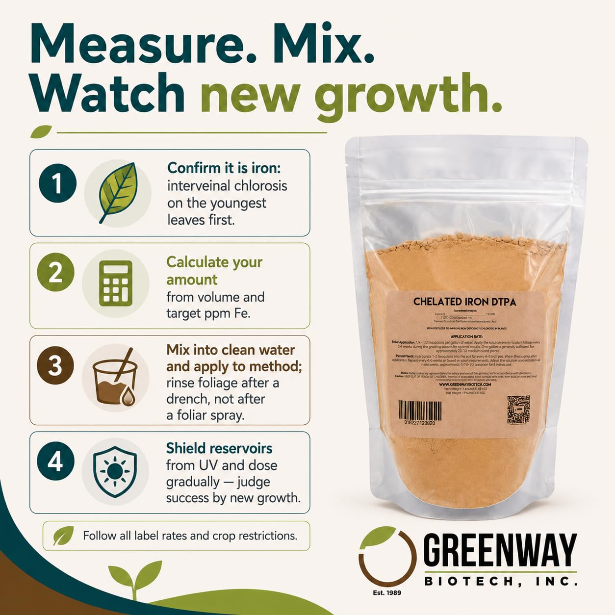 Greenway Biotech, Inc. Chelated Iron DTPA 11% - for Alkaline Soils (pH 4.0-7.5) - 100% Water Soluble Fertilizer for Citrus, Lawns & Hydroponics - Corrects Iron Chlorosis - Made in USA - 1 Pound