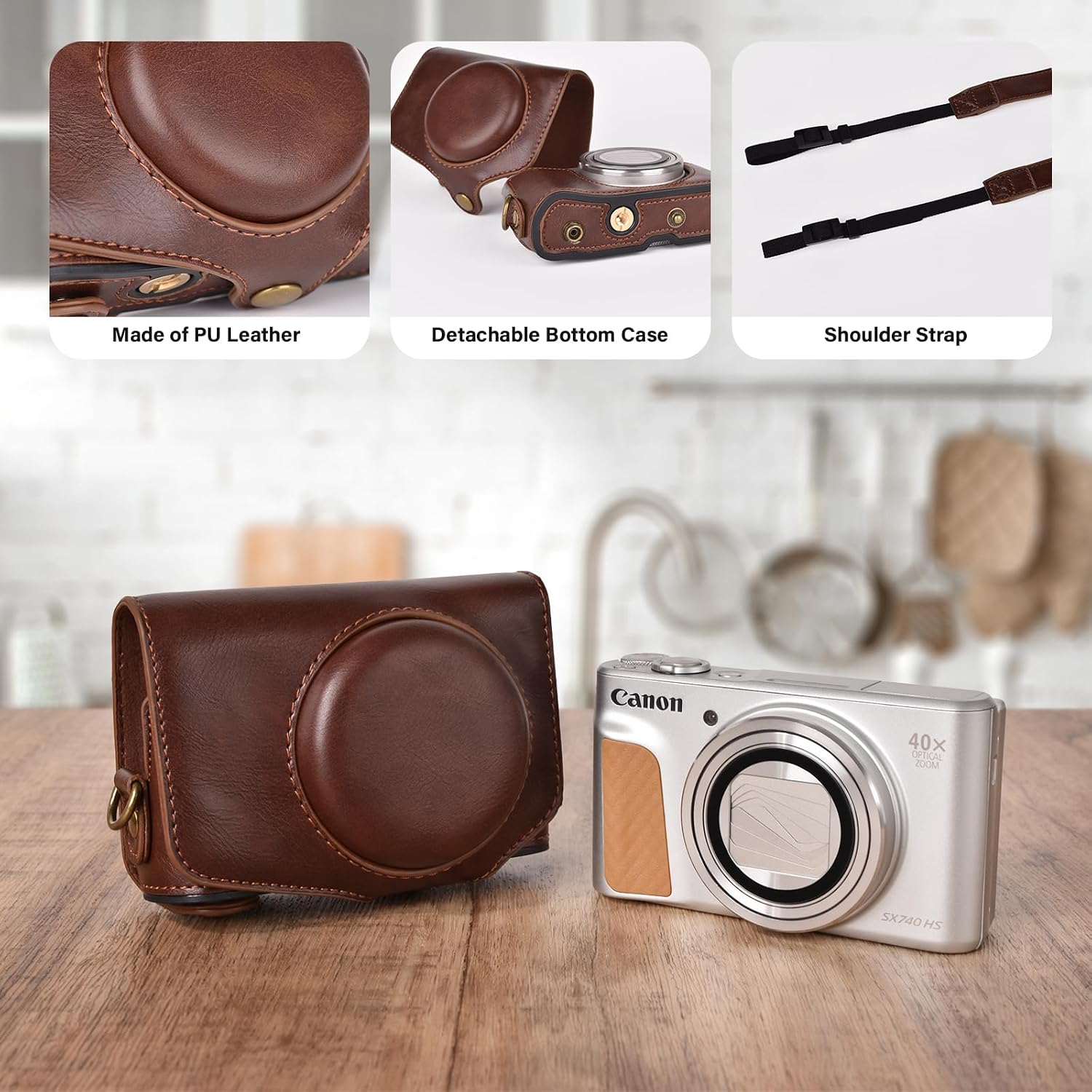 kinokoo Case for Canon PowerShot SX720 HS/SX730 HS/SX740 HS Digital Camera - PU Leather SX740 HS Protective Case Easy Carrying Bag with Adjustable Shoulder Strap - Brown