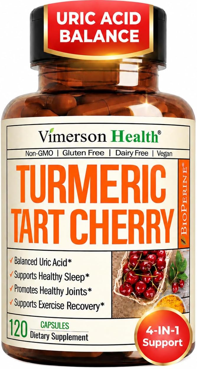 Tart Cherry Capsules – 4-in-1 Turmeric Tart Cherry Supplement for Uric Acid Balance & Joint Health – 10:1 Tart Cherry Extract Capsules with Celery Seed, Turmeric Curcumin & Black Pepper – 60 Count
