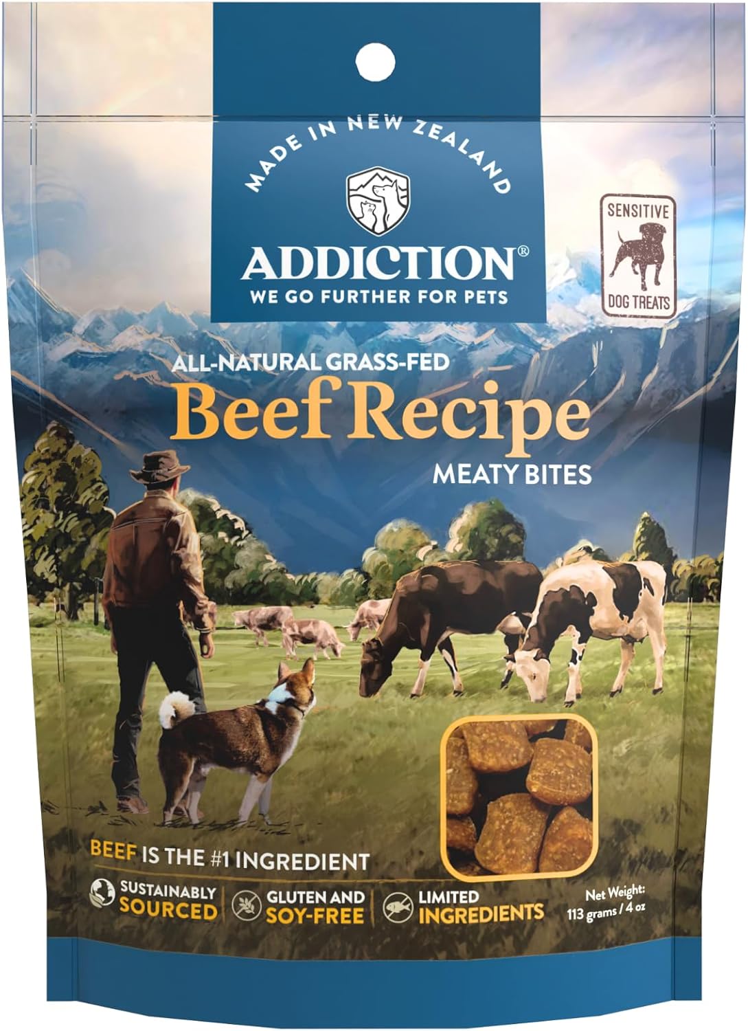 Addiction Venison Recipe Meaty Bites, All Natural Free Range Grain Free High Meat Dog Treats, 4 Oz.