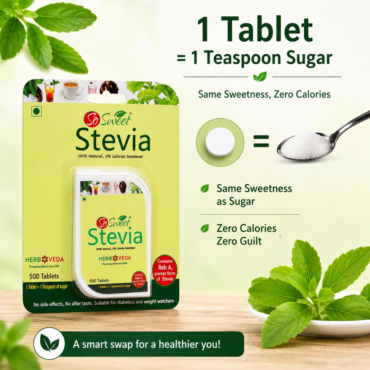 So Sweet Stevia 500 Tablet Dispenser - Natural Sweetener, Zero Calories, Keto-Friendly, Sugar Substitute, No Artificial Flavors, Convenient Travel Size