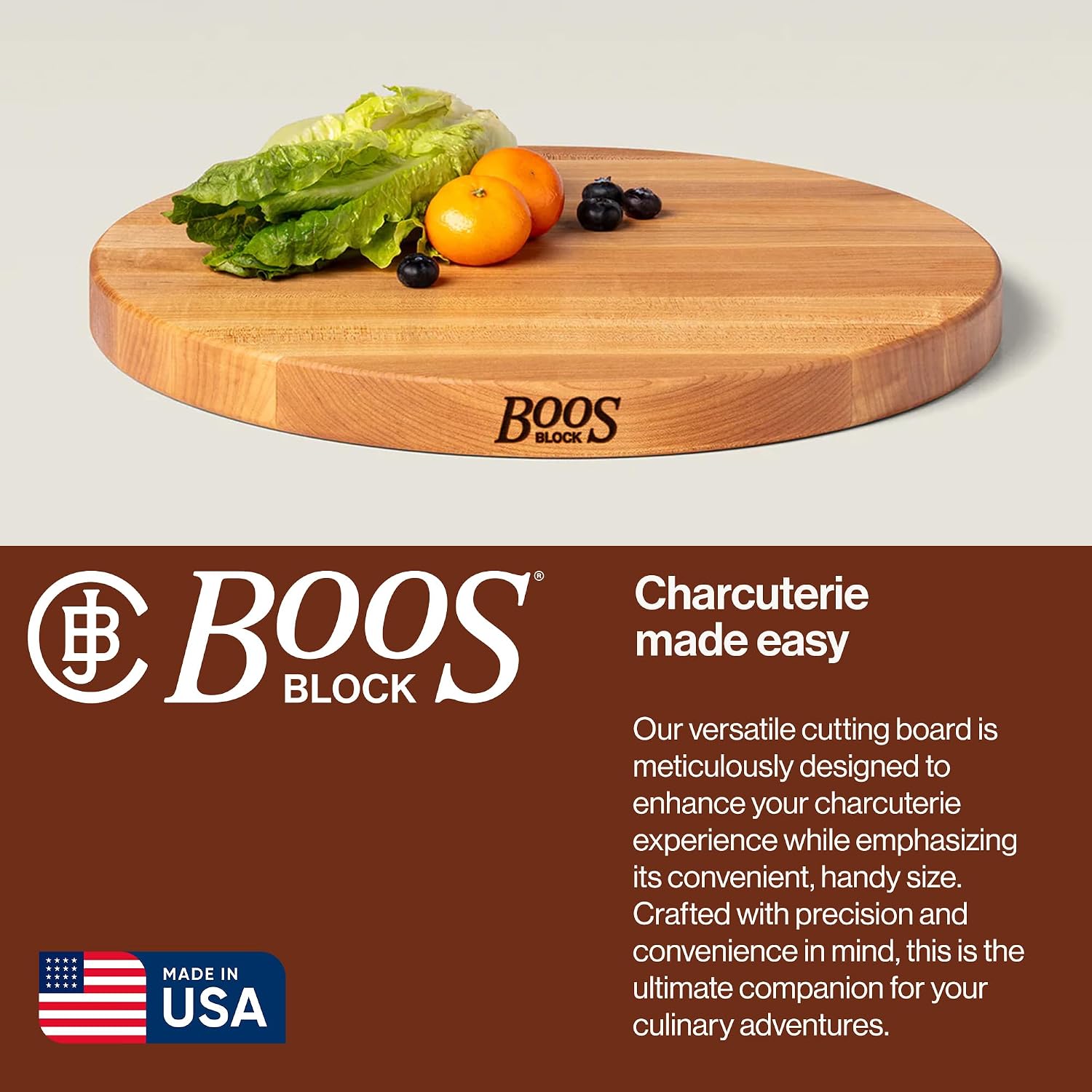 John Boos R-Board Series Round Wooden Maple Cutting Board 18”x18” – 1.5” Thick, 14-lb Reversible Butcher Block with Edge-Grain – Made in the USA