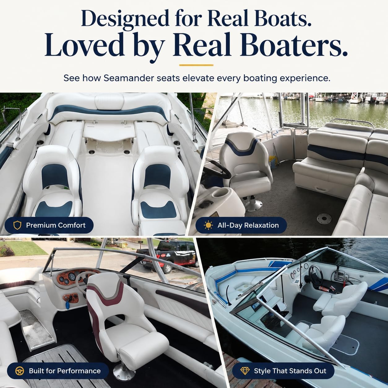 Seamander Boat Captains Chair,Captain Bucket Seat with Flip Up Bolster,Integral Rotomolded Frame, Premium EPDM Foam Material, Marine Grade Vinyl (A-White/Charcoal)