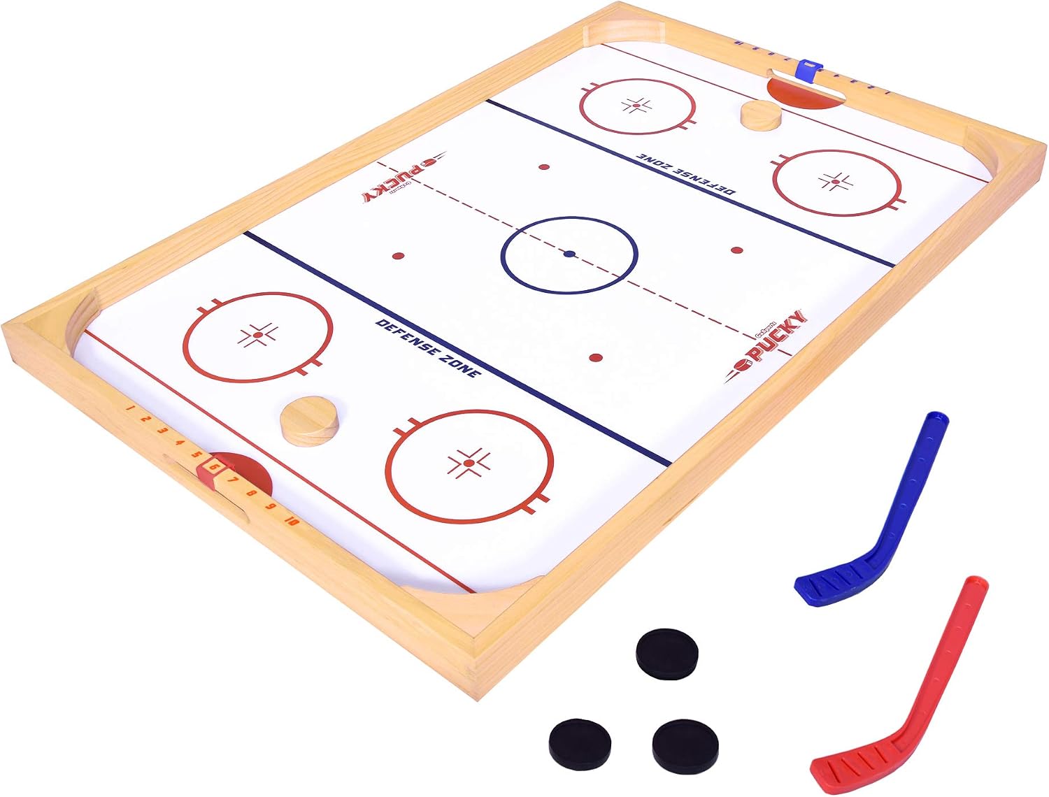 GoSports Hockey Ice Pucky Wooden Table Top Hockey Game for Kids & Adults - Includes 1 Game Board, 2 Hockey Sticks & 3 Pucks