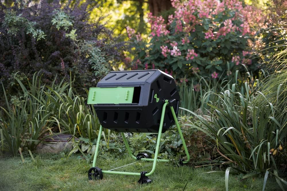 FCMP Outdoor HOTFROG Mobile Dual Chamber Tumbling Composter with Wheels - Outdoor Rotating Garden Compost Bin (HF-IM4000-WK) Black & Green (37-Gallon)