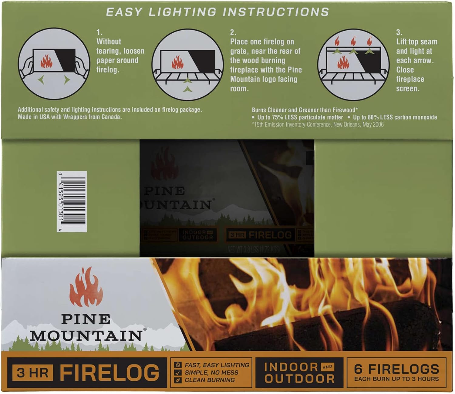 Pine Mountain 100% Natural Classic Firelog, 3-Hour Burn Time, 6 Logs, Green