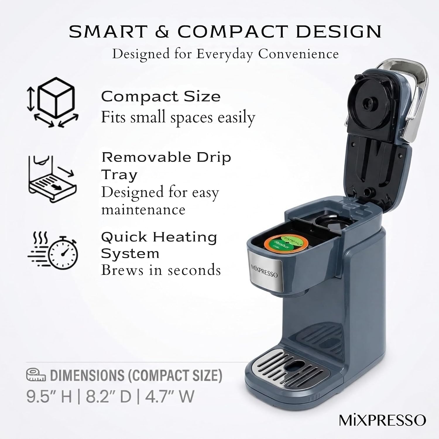 Mixpresso Single Serve Coffee Maker K Cup Coffee Maker for K Pods & Grounds | Compact 800W White Coffee Machine with 14 Oz Water Tank, Fast Brew & Auto Shut-Off, Small Design for Travel RV, Office& Dorm