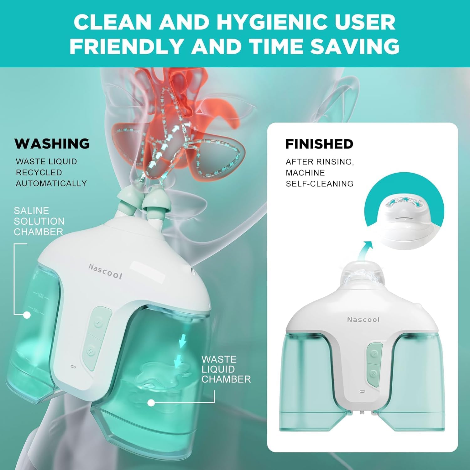 Nascool Electric Nasal Irrigation System Sinus Rinse Nose Cleaner for Adult | Comes with 50 saline packets, 2 Pairs of Nozzles