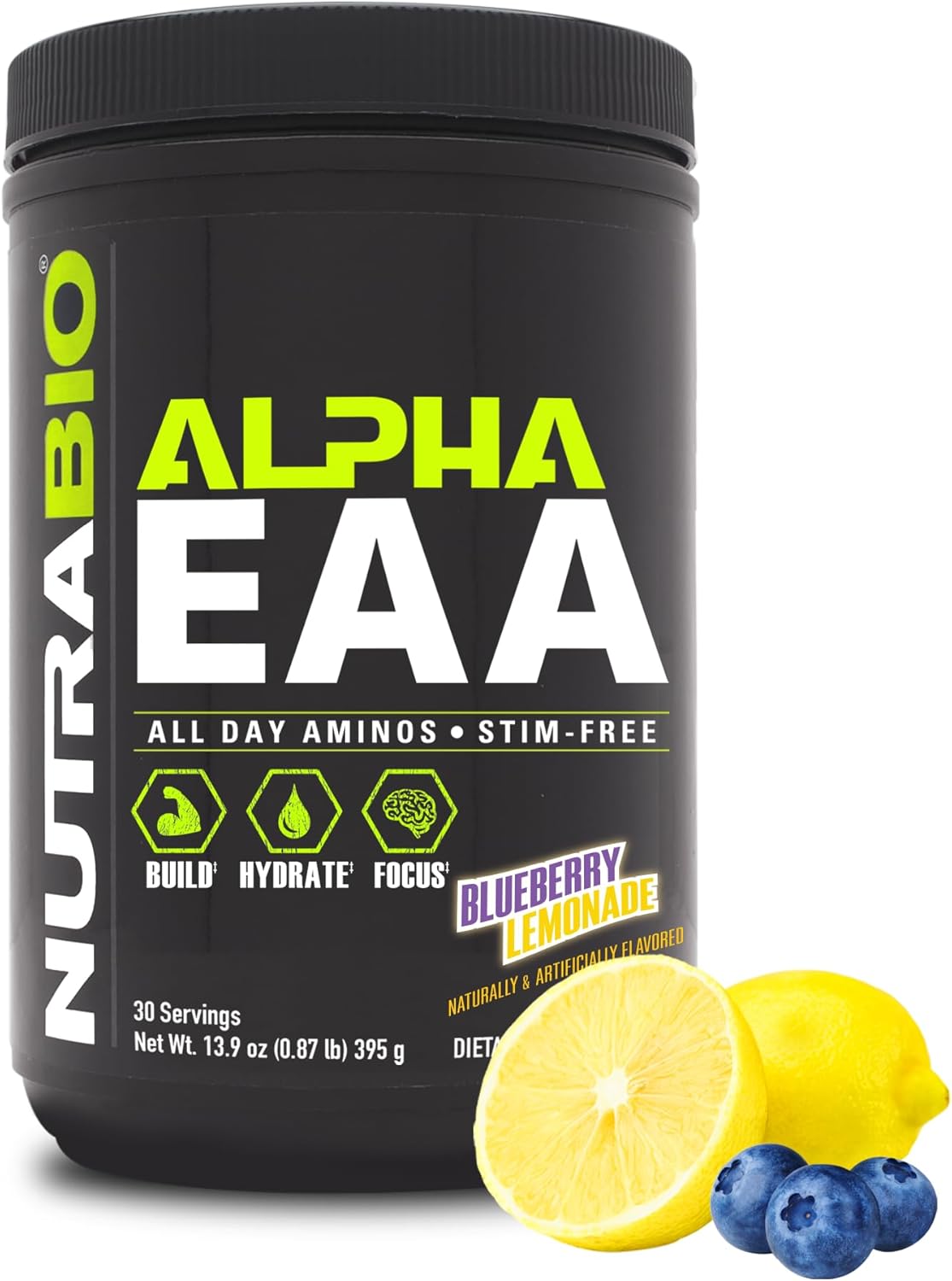 NutraBio Alpha EAA - All-Day Amino Acids for Muscle Growth and Hydration - Essential Amino Acids with Nootropics & Adaptogens- Full Spectrum EAA BCAA Powder - 30 Servings - Strawberry Lemon