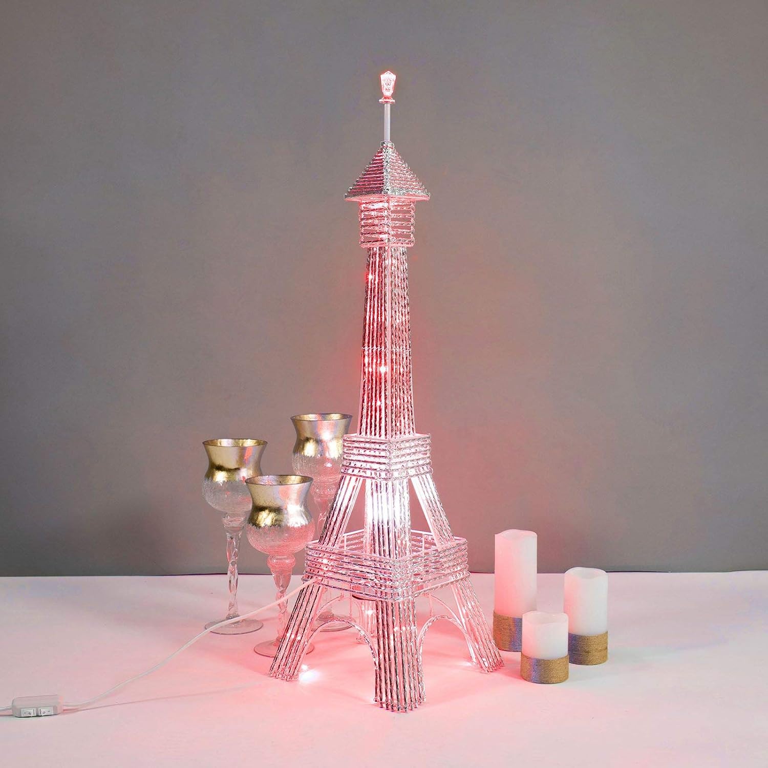 39-Inch Silver Metal Color Changing Eiffel Tower with 80 LED Lights - Wedding Party Home Decorations Supplies