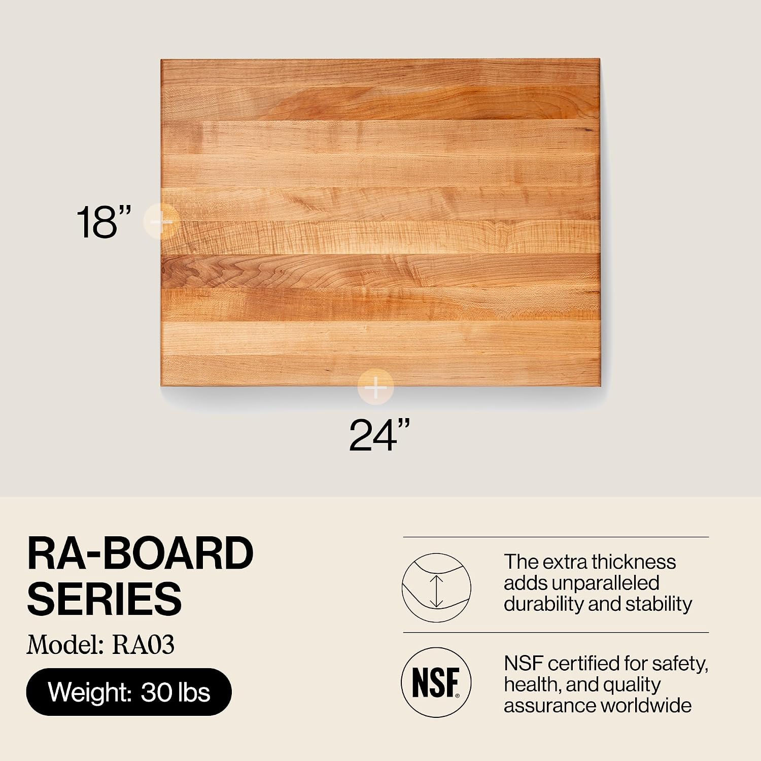 John Boos Handle Boards Series Rectangular Wooden Maple Cutting Board 24”x18” – 2.25” Thick, 30-lb Reversible Butcher Block with Juice Groove, Edge-Grain & Metal Handles