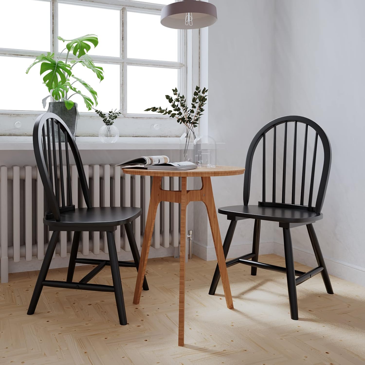 GIANTEX Wood Dining Chairs Set of 4, Windsor Chairs with Solid Wood Legs, High Spindle Back, H-Shaped Crossbars