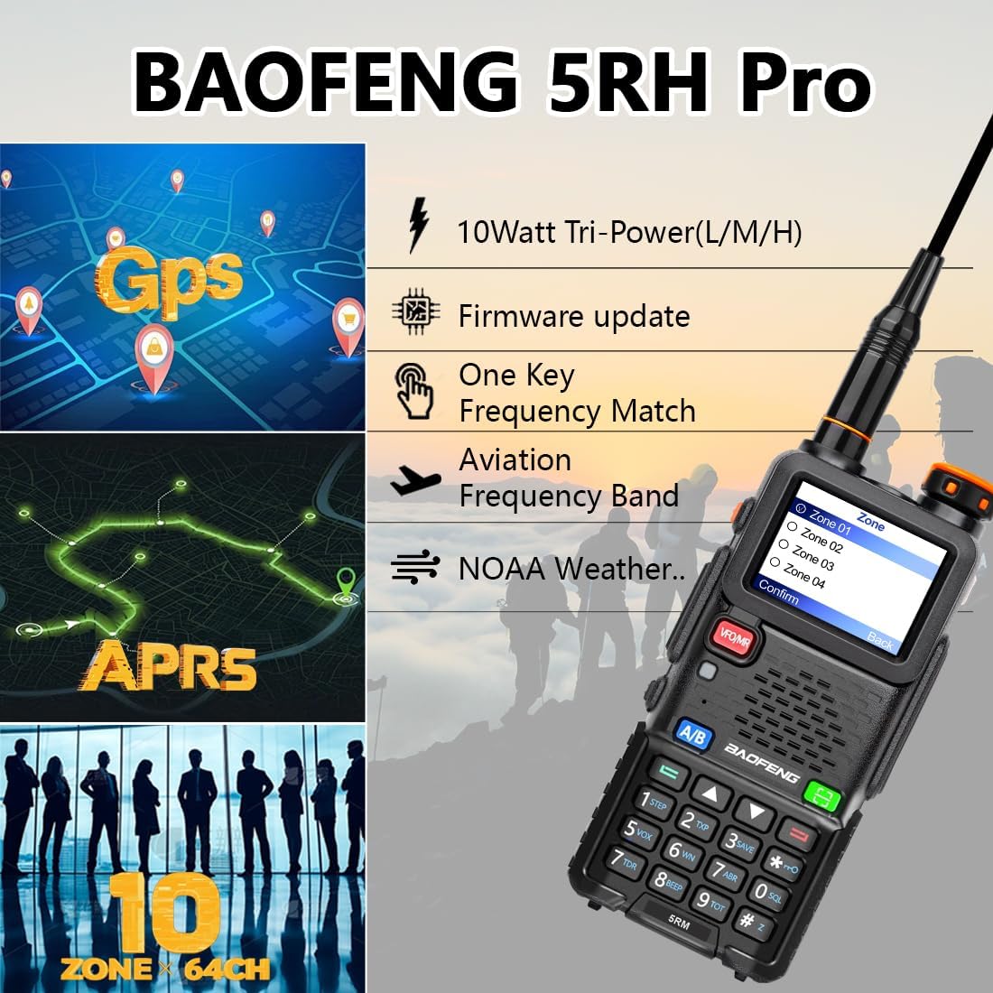 BAOFENG BF-5RH PRO GPS/APRS 10Ｗ Ham Handheld Radio, Multi-Band Long Range Two-Way Radio with 18.89'' Tactical Antenna