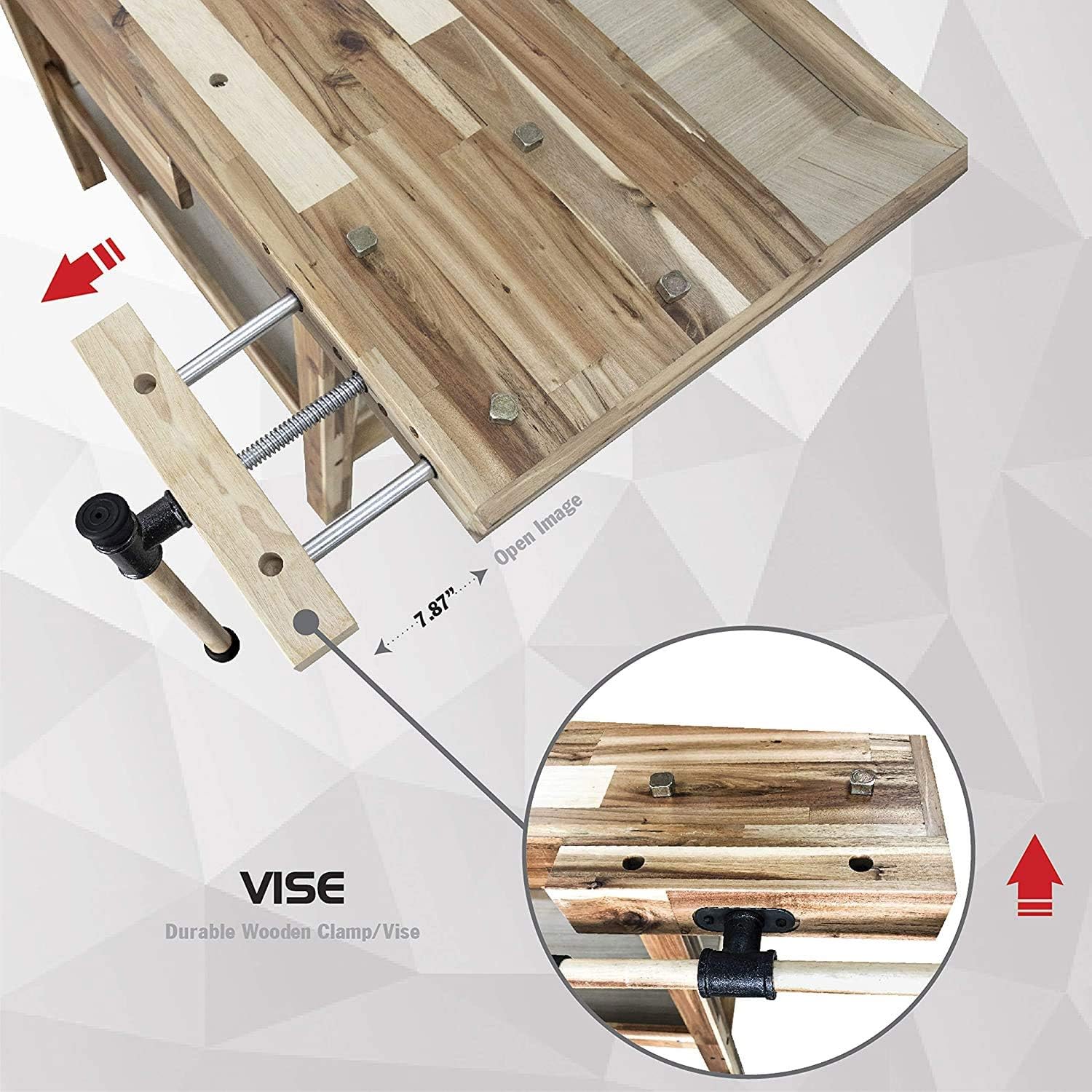 Olympia Tools 48 Inch Acacia Hardwood Woodworking Carpentry Work Bench Table with Built in Vise, Storage Drawer and Shelf, 330 Pound Capacity