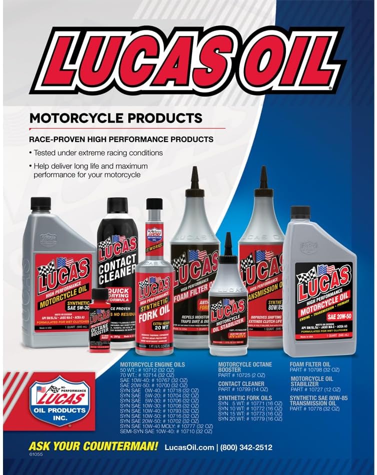 Lucas Oil 10700 High Performance SAE 20W-50 Motorcycle Oil - 1 Quart (Pack of 6)