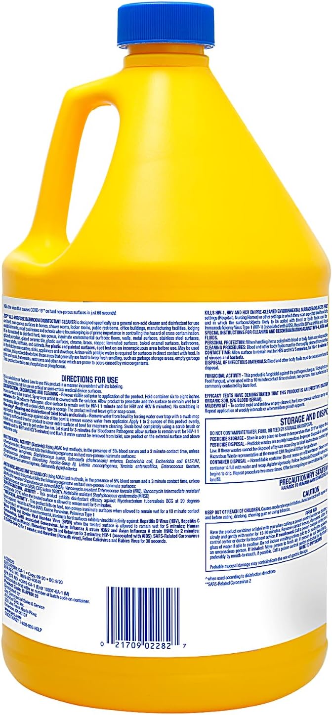 Zep All-Purpose Bathroom Disinfectant Cleaner - 1 Gallon (Case of 4) ZUAPBD128 - Virucidal, Fungicidal, Mildewstat