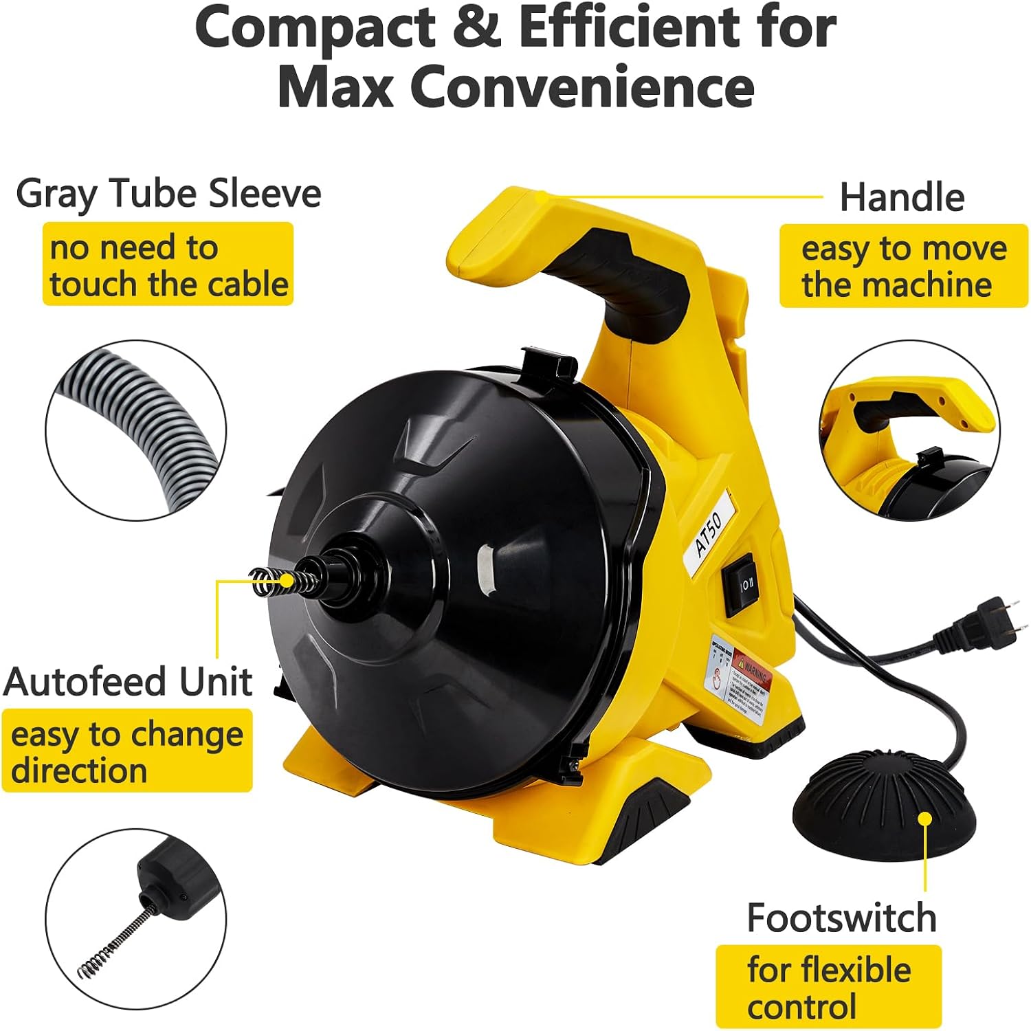PioneerWorks Electric Drain Snake, 30Ft 3/10In Auto-Feed Drain Auger, Drain Cleaning Machine with Foot Switch & 2 Hoses for 3/4-2 Inch Pipes