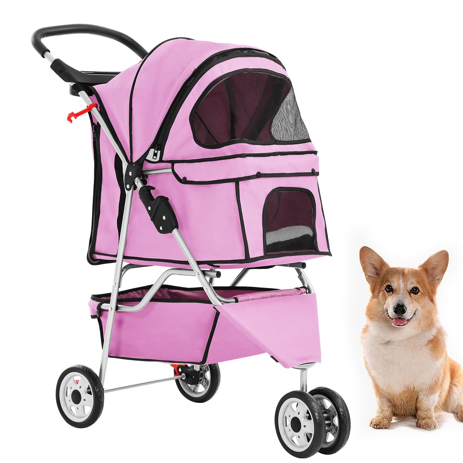 BestPet | 4-Wheel Foldable Pet Stroller | Black | Lightweight & Portable | Travel Carrier with Mesh Windows, Storage Basket, Cup Holder, Safety Brakes, and Waterproof Fabric | For Small Dogs and Cats