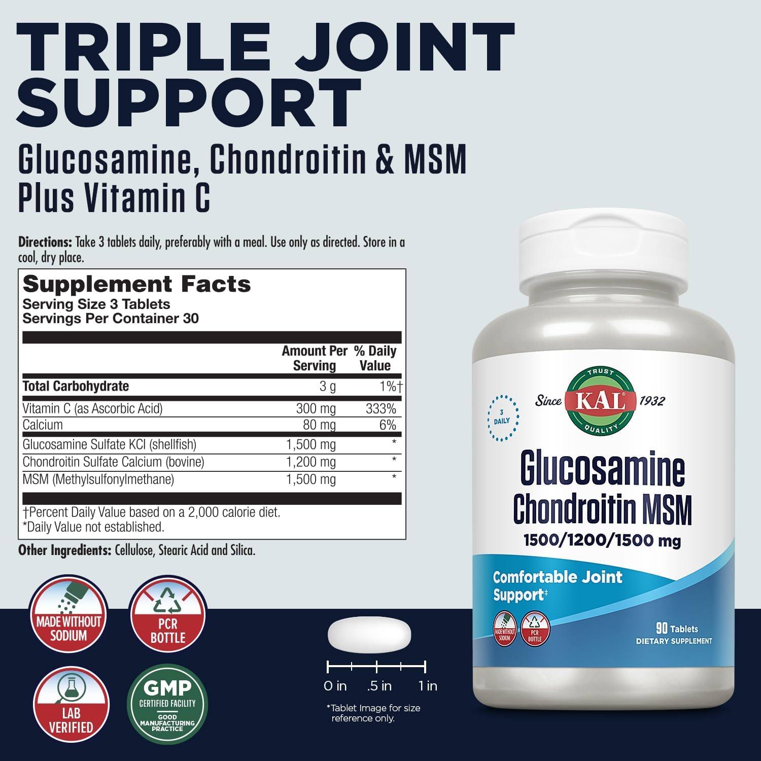 KAL Glucosamine Chondroitin MSM, Joint Support Supplement for Women and Men, 1500mg Glucosamine Sulfate, 1200mg Chondroitin, MSM, Rapid Disintegration, 60-Day Guarantee, 30 Servings, 90 Tablets