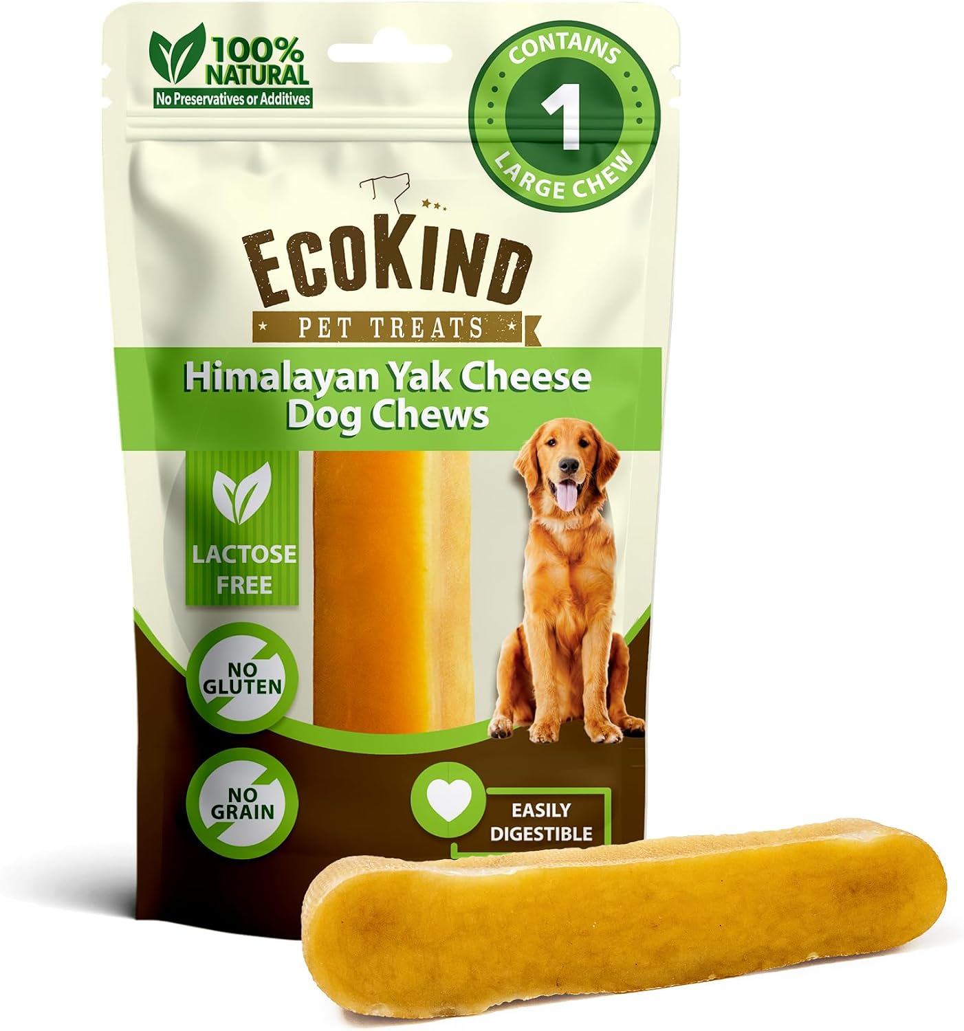 EcoKind Yak Cheese Himalayan Dog Chews, Yak Chews for Large Dogs, 4-5 Bones | 1 Lb, Long Lasting for Aggressive Chewers, Only 3 Ingredient Natural High Protein Dental Dog Treats, No Additives or Lactose