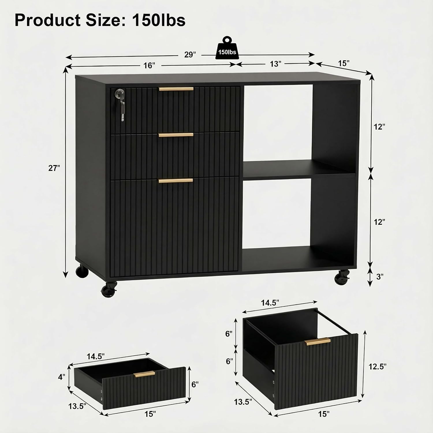 3 Drawer Fluted Mobile Filing Cabinet with Lock, Lateral Rolling Under Desk File Cabinet, Wooden Printer Stand Table for Home Office Essentials Storage Organization Furniture Letters/A4(Oak)