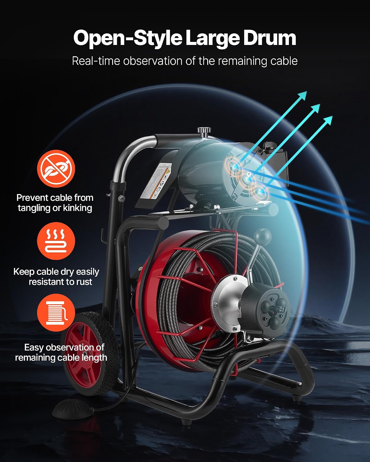 VEVOR Drain Cleaner Machine 75 FT x 3/8 Inch, Sewer Snake Auger Manual Feed with 4 Cutters & Air-activated Foot Switch for 2" to 4" Pipes