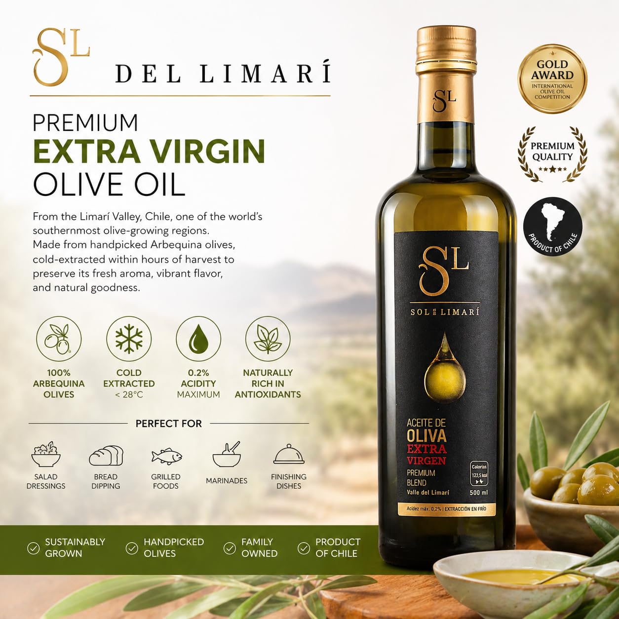 Sol del Limari - Extra Virgin Olive Oil with Polyphenol Rich - Premium Blend - First Cold Press - Aceite de Oliva Extra Virgen (16.9 Fl Oz)