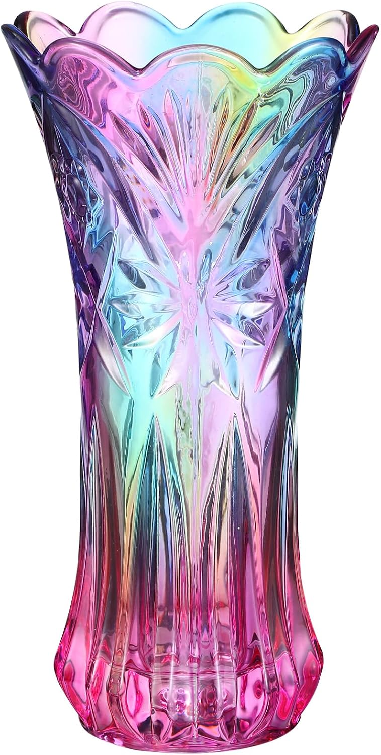 Rainbow Glass Vase Wide Mouth Glass Colorful Vase for Bookshelf Dinner Table Indoor Office Desktop Meeting Room Bathroom Countertop Iridescent