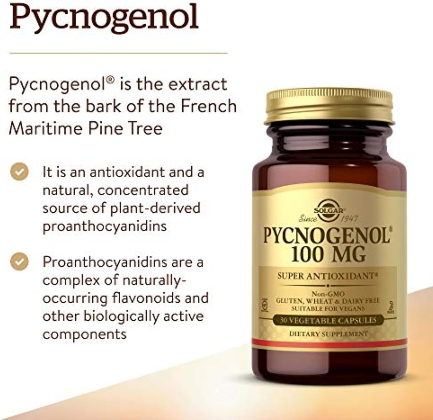 Solgar Pycnogenol 100 mg, 30 Vegetable Capsules - Antioxidant Protection | Healthy Leg & Vein Support, Non-GMO, Vegan, Gluten Free, Dairy Free