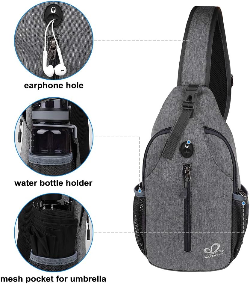 WATERFLY Crossbody Sling Backpack Sling Bag Travel Hiking Chest Bag Daypack (Black) | Small Hiking bag,Multi-compartment storage,Water-resistant,Breathable back pad,Reversible adjustable shoulder strap