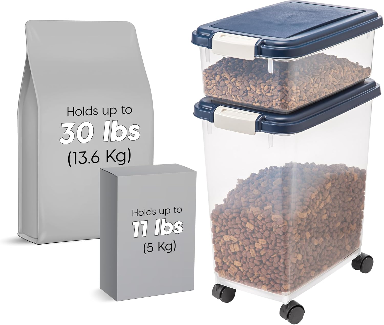 IRIS USA Dog Food Storage Container, Up to 30+11 lbs, Navy, Made in USA | Wheels for Mobility, Airtight Seal, BPA-Free, Best for Bird Seed, Cat food