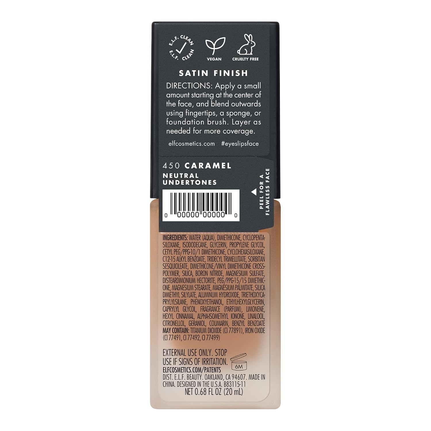 e.l.f. Flawless Satin Foundation, Lightweight & Medium Coverage, Semi-Matte Finish, Vegan & Cruelty-Free, Caramel, 0.68 Fl Oz (20mL)